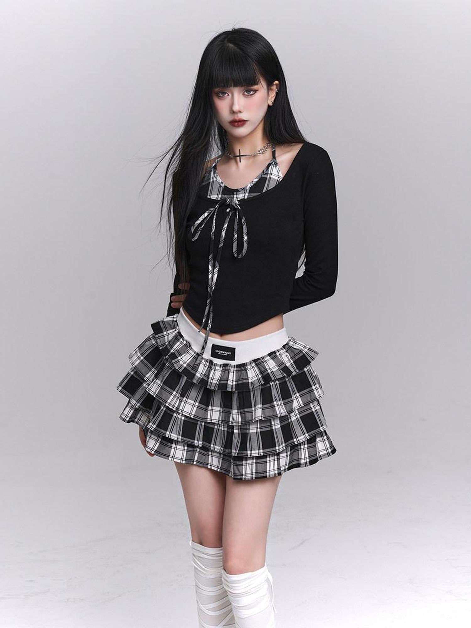 LADYGHOST Ghost Girl Plaid Cropped Puff Tiered Women&