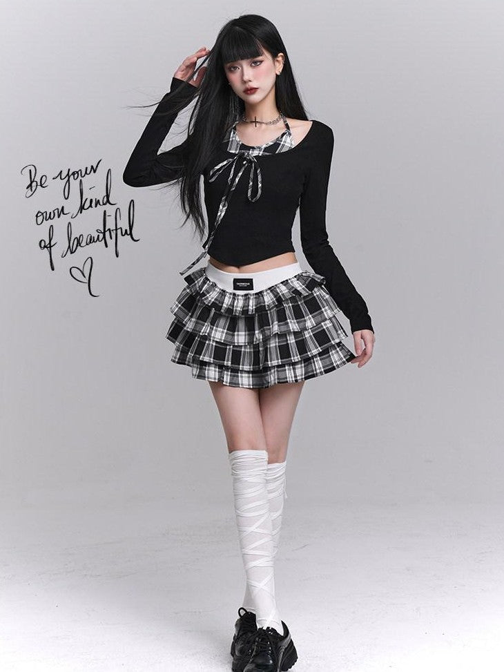 LADYGHOST Ghost Girl Plaid Cropped Puff Tiered Women&