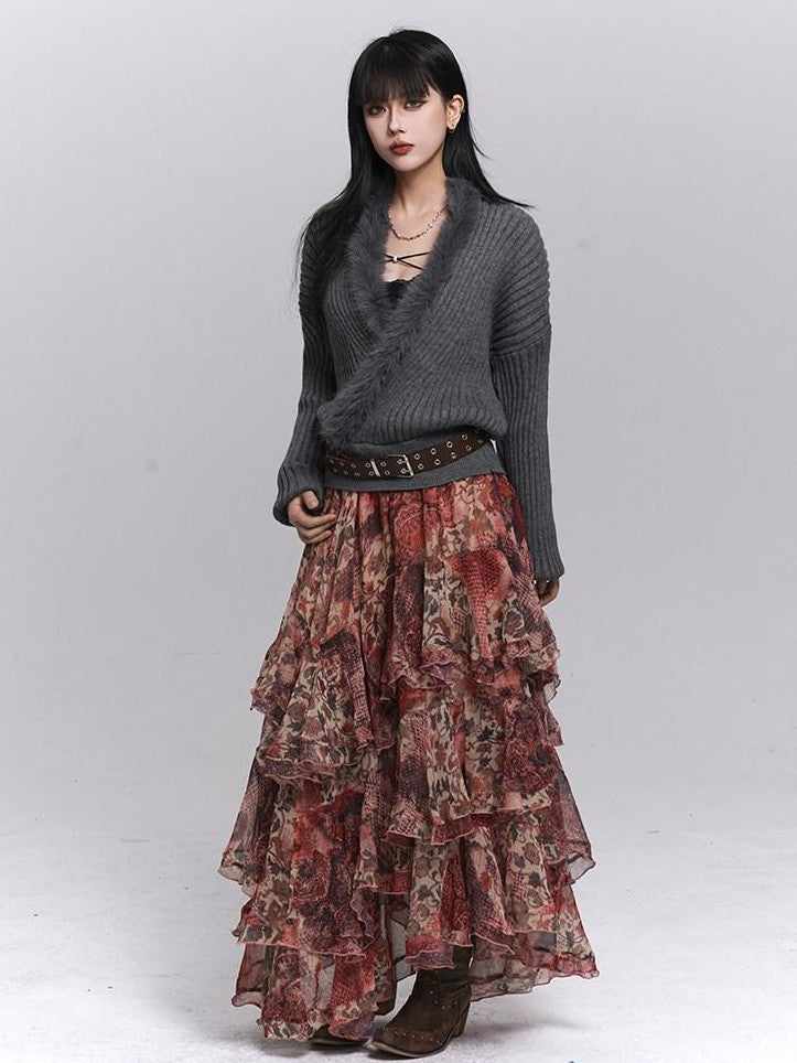 LADYGHOST Ghost Girl Red Floral Layered Cake Long Women&