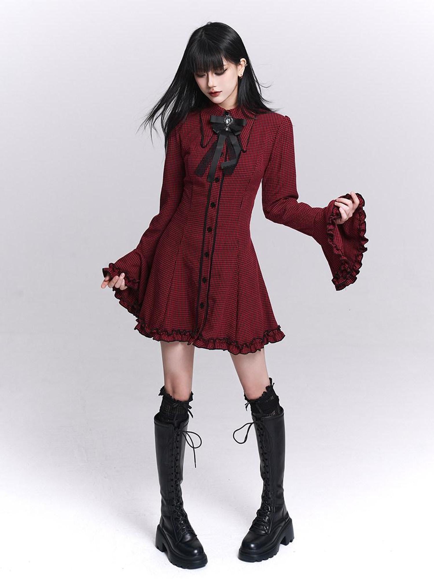 LADYGHOST Ghost Girl Red Plaid Bell Sleeve Shirt Dress Women&