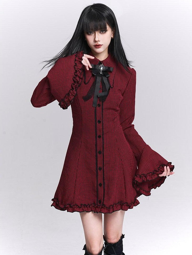 LADYGHOST Ghost Girl Red Plaid Bell Sleeve Shirt Dress Women&