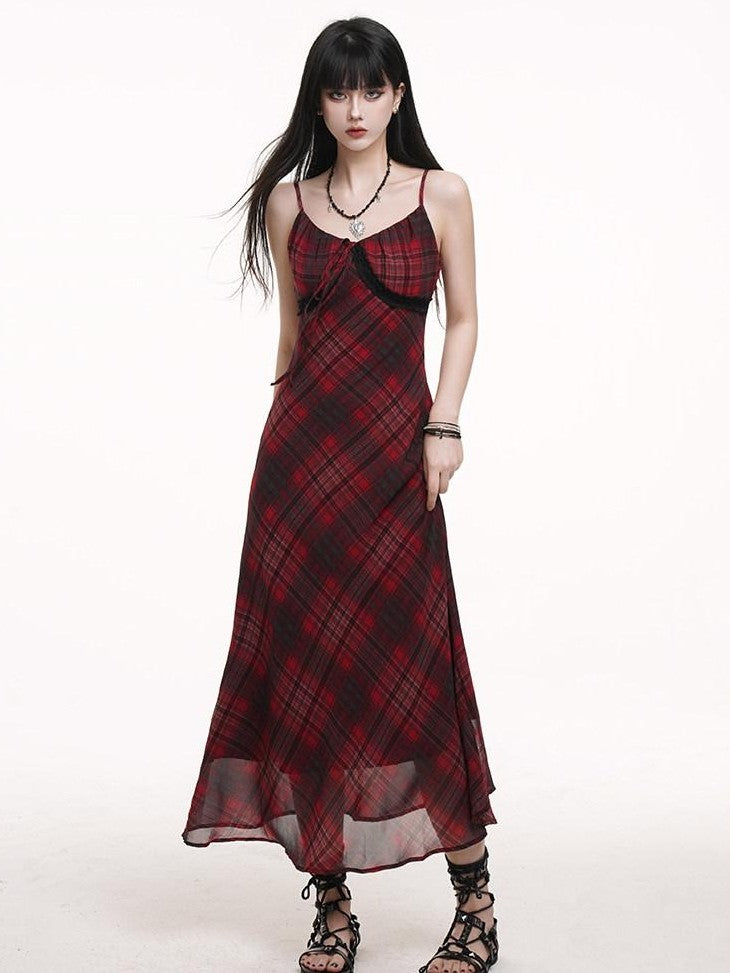 LADYGHOST Ghost Girl Red Plaid Spaghetti Strap Long Women&