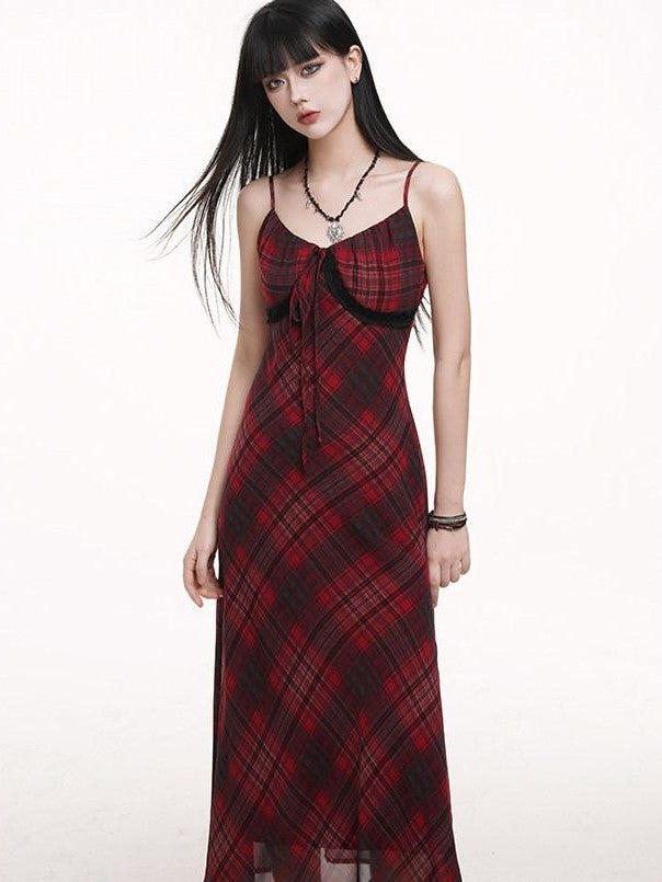 LADYGHOST Ghost Girl Red Plaid Spaghetti Strap Long Women&
