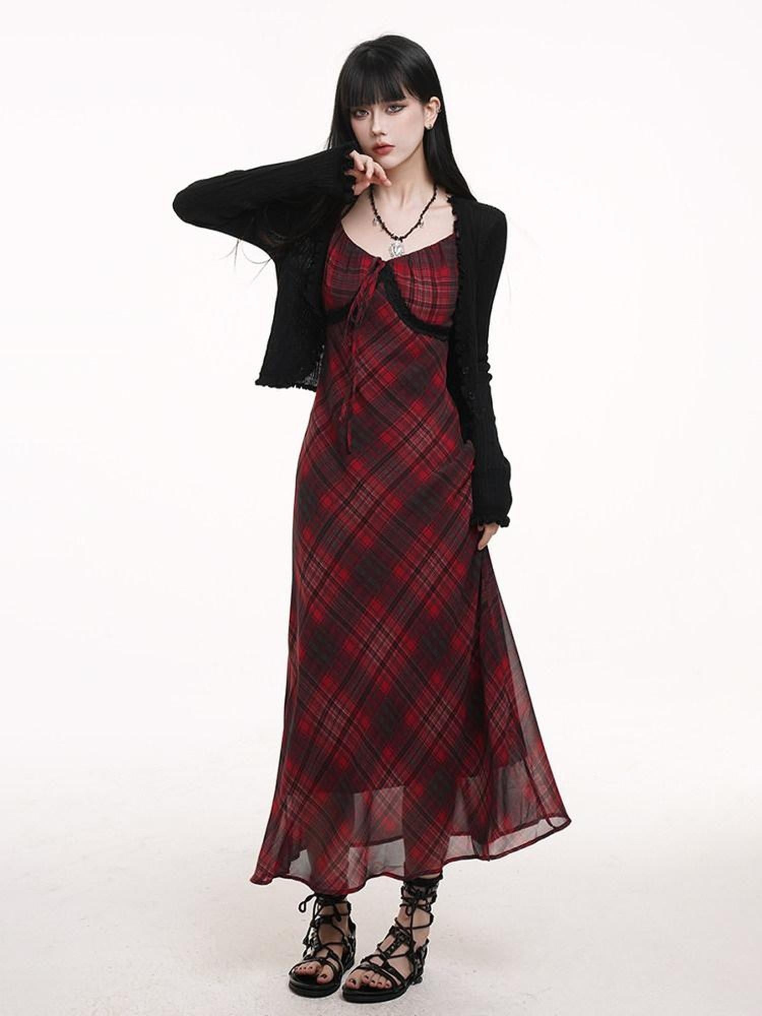 LADYGHOST Ghost Girl Red Plaid Spaghetti Strap Long Women&