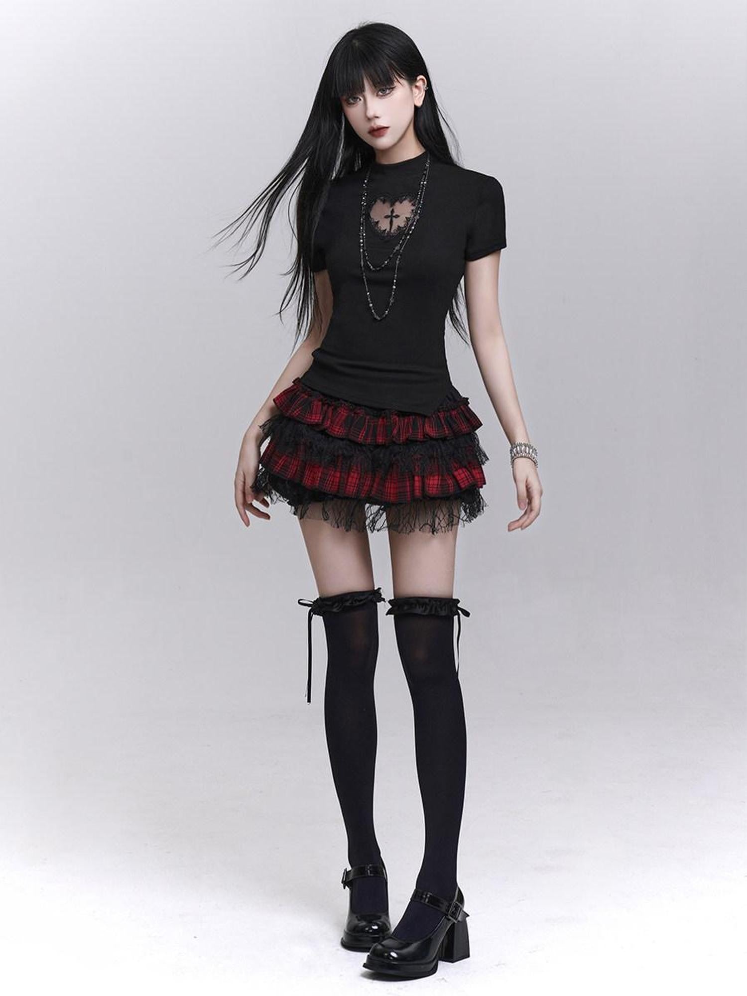 LADYGHOST Ghost Girl Ruffled Plaid Pumpkin Shorts Women&