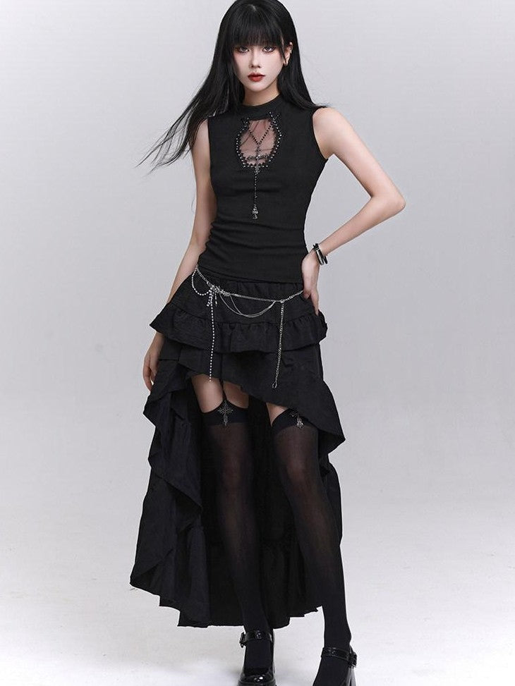 LADYGHOST Ghost Print Black Sleeveless Unique Festival Edgy Women&