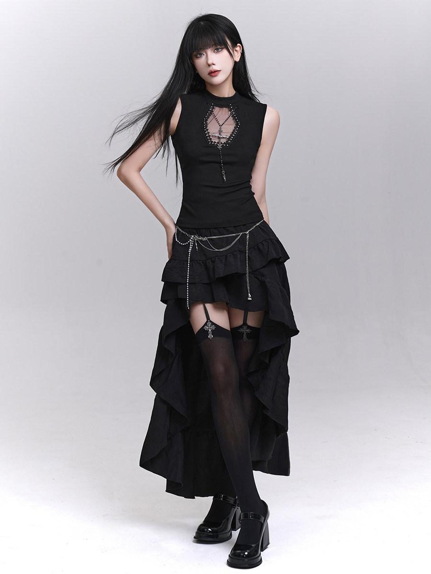 LADYGHOST Ghost Print Black Sleeveless Unique Festival Edgy Women&