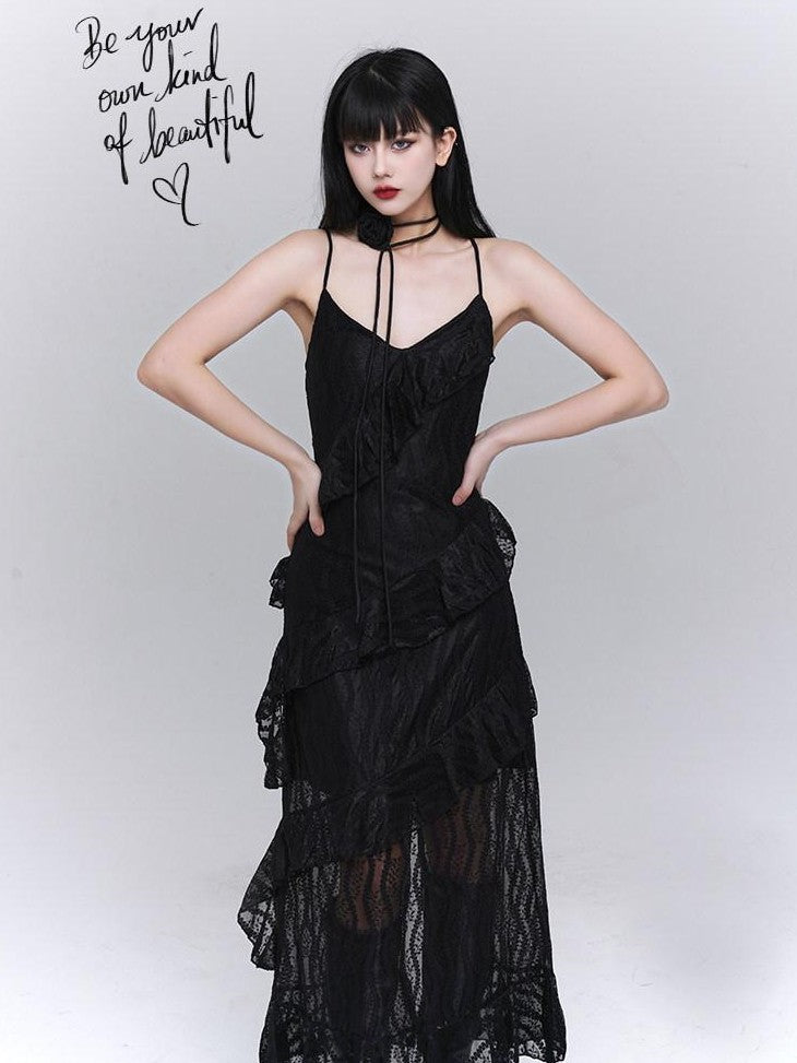 LADYGHOST Ghostly Black Tiered Spaghetti Strap Women&