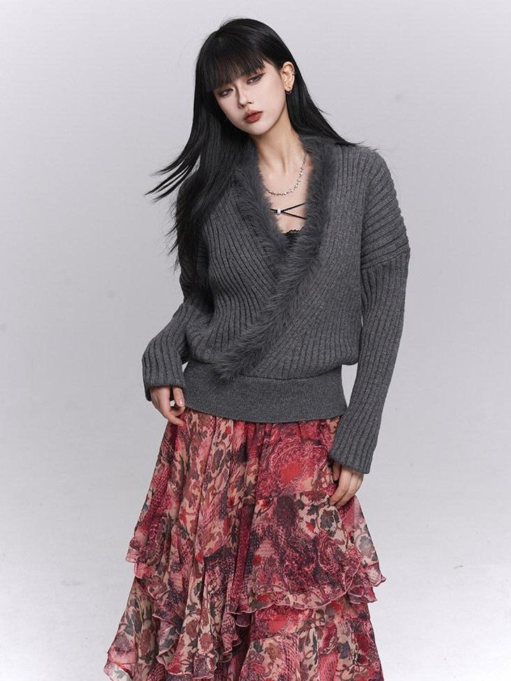 LADYGHOST Ghostly Girl Soft Gray V-neck Slouchy Korean Style Women&