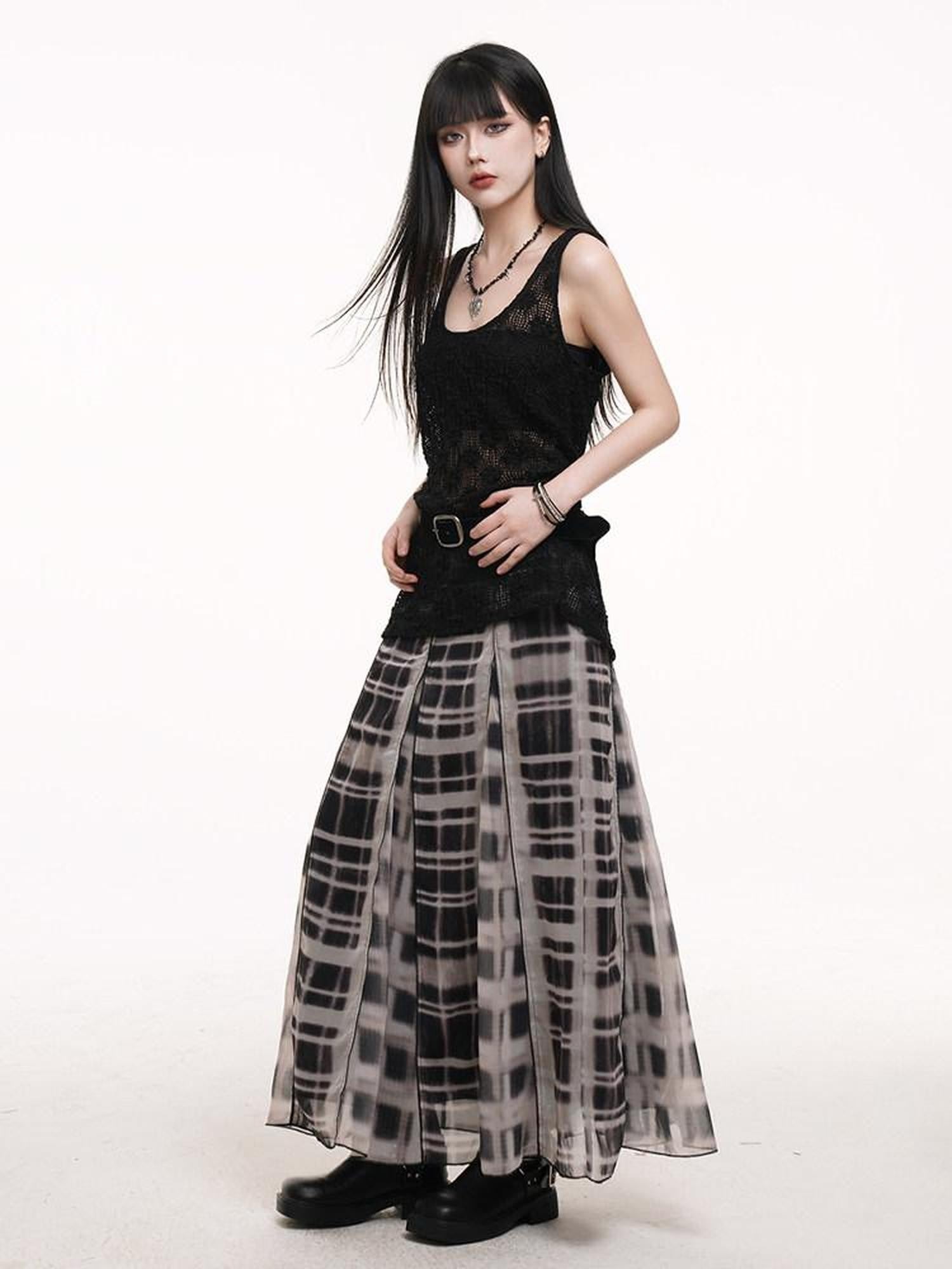 LADYGHOST Ghostly Gray Plaid A Line Pleated Subculture Women&