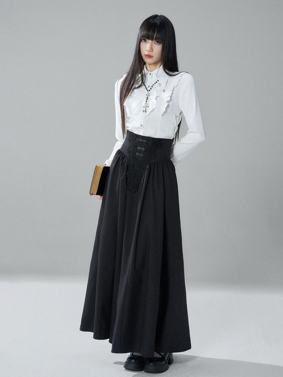 LADYGHOST Gothic Lace Pleated High Waist A Line Women&