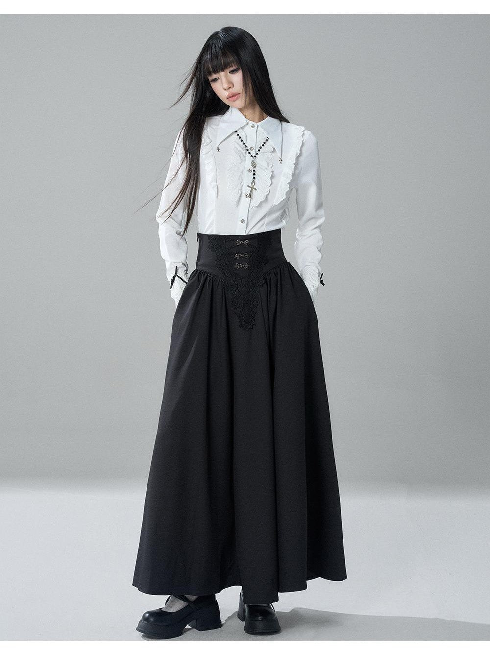 LADYGHOST Gothic Lace Pleated High Waist A Line Women&