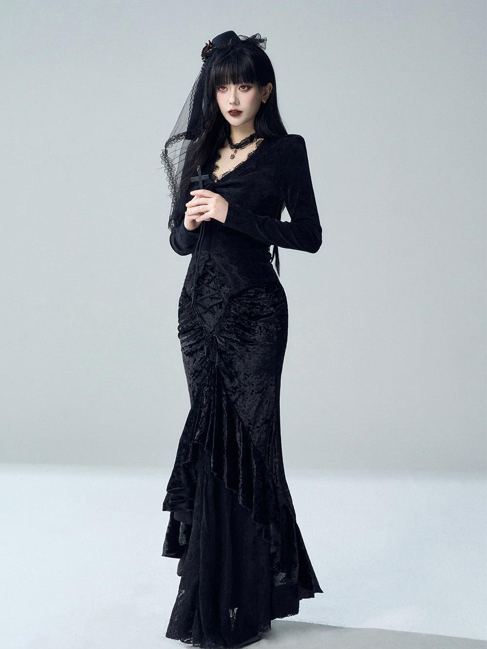 LADYGHOST Gothic Lace Ruffle Velvet Mermaid High Waist Women&