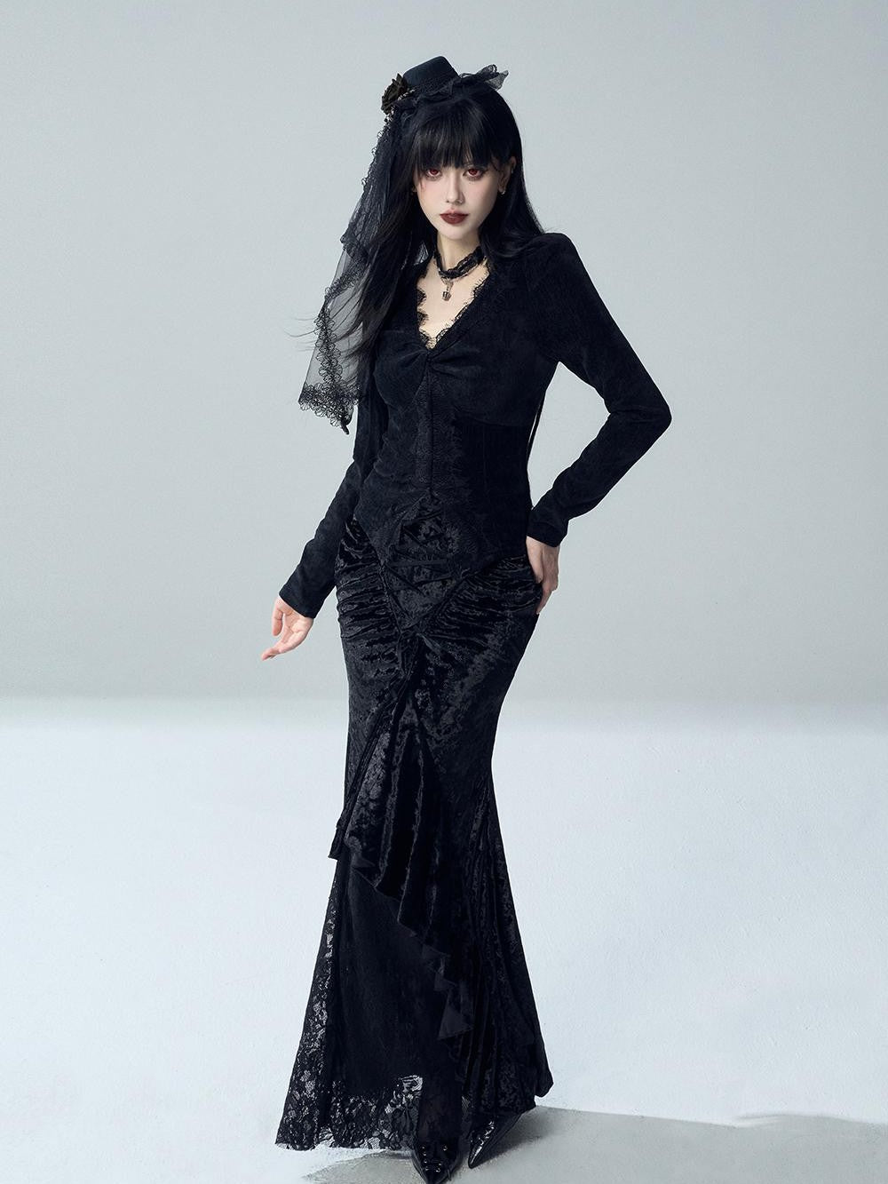 LADYGHOST Gothic Lace Ruffle Velvet Mermaid High Waist Women&