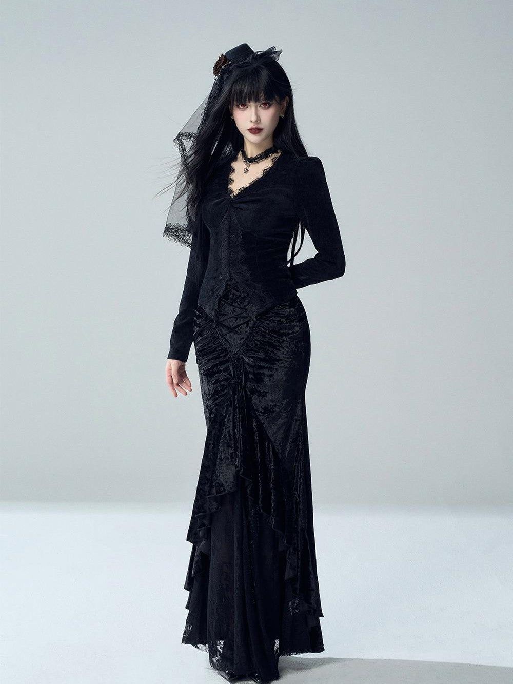 LADYGHOST Gothic Lace Ruffle Velvet Mermaid High Waist Women&