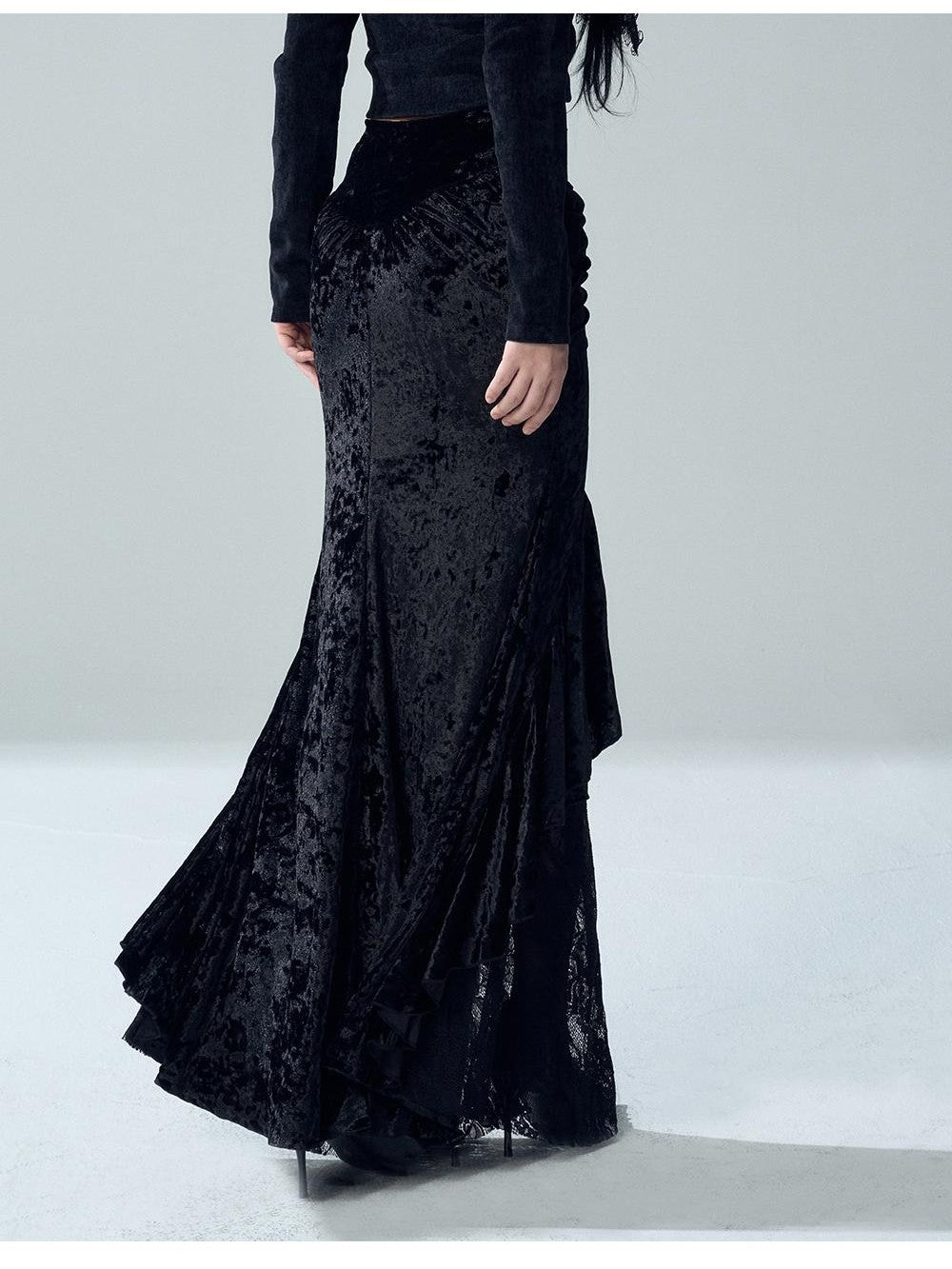 LADYGHOST Gothic Lace Ruffle Velvet Mermaid High Waist Women&