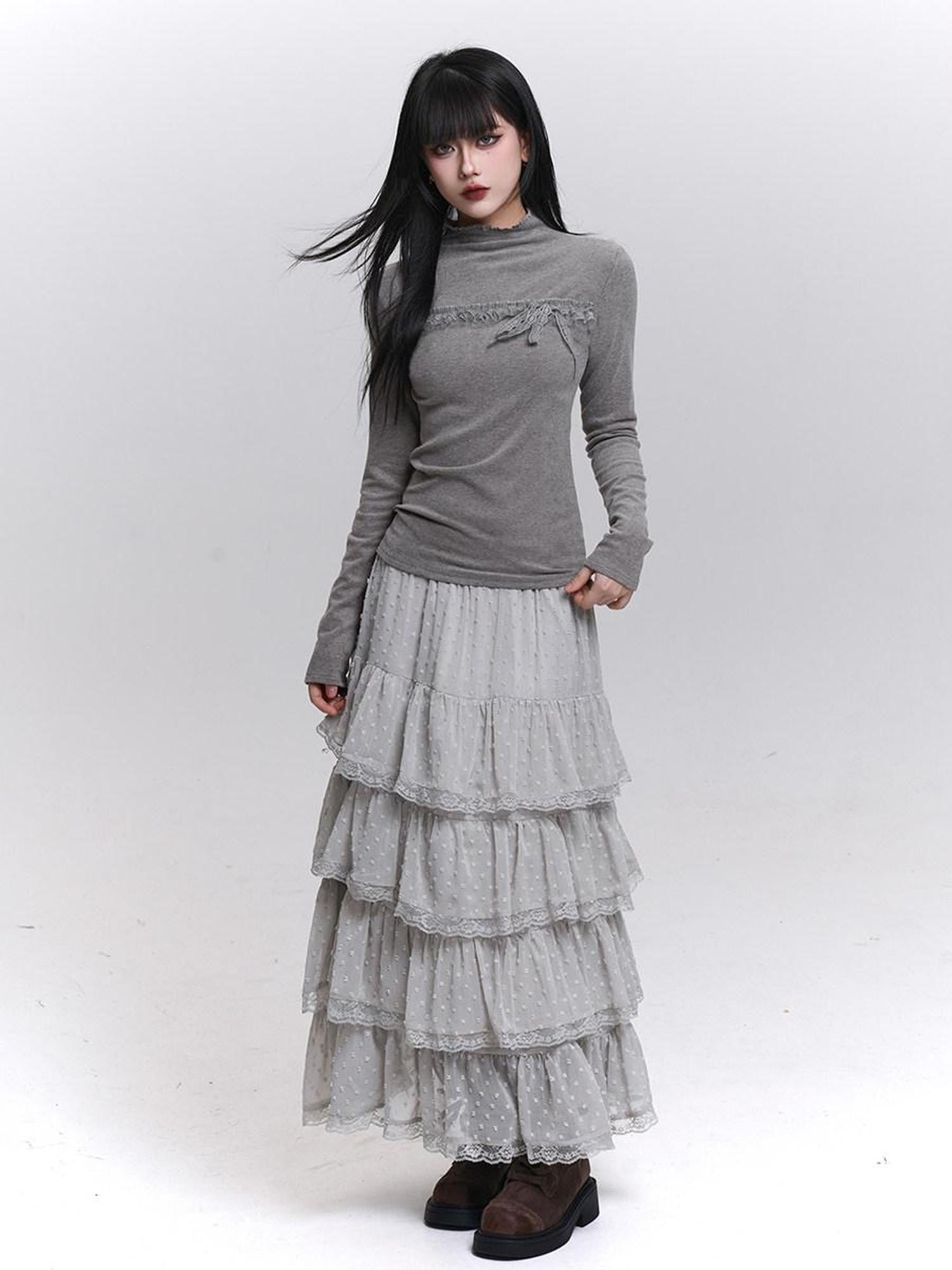 LADYGHOST Gray Ghost Girl Print Mock Neck Women&