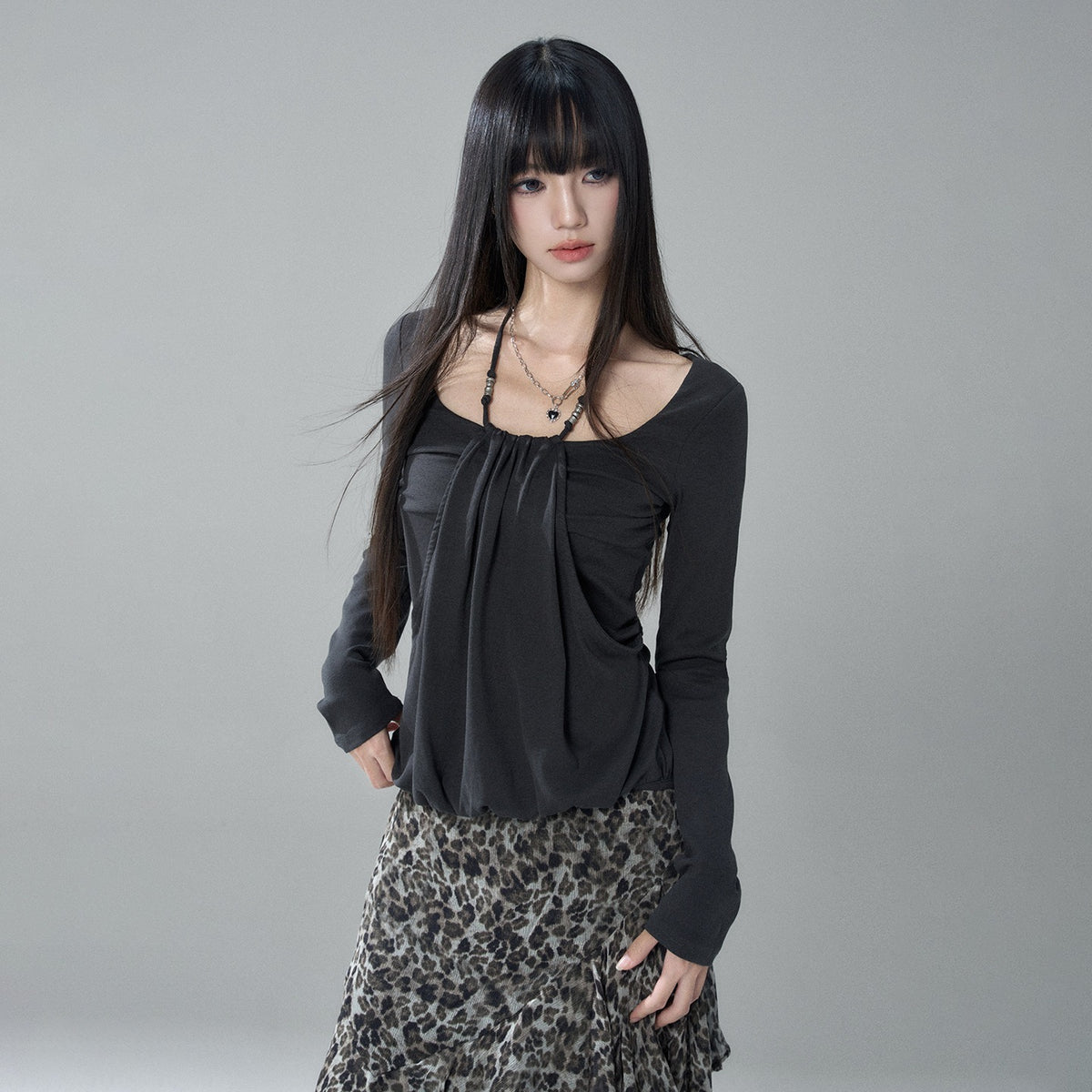 LADYGHOST_Gray_Halter_Ruched_Solid_Korean_Slim_Fit_Women&