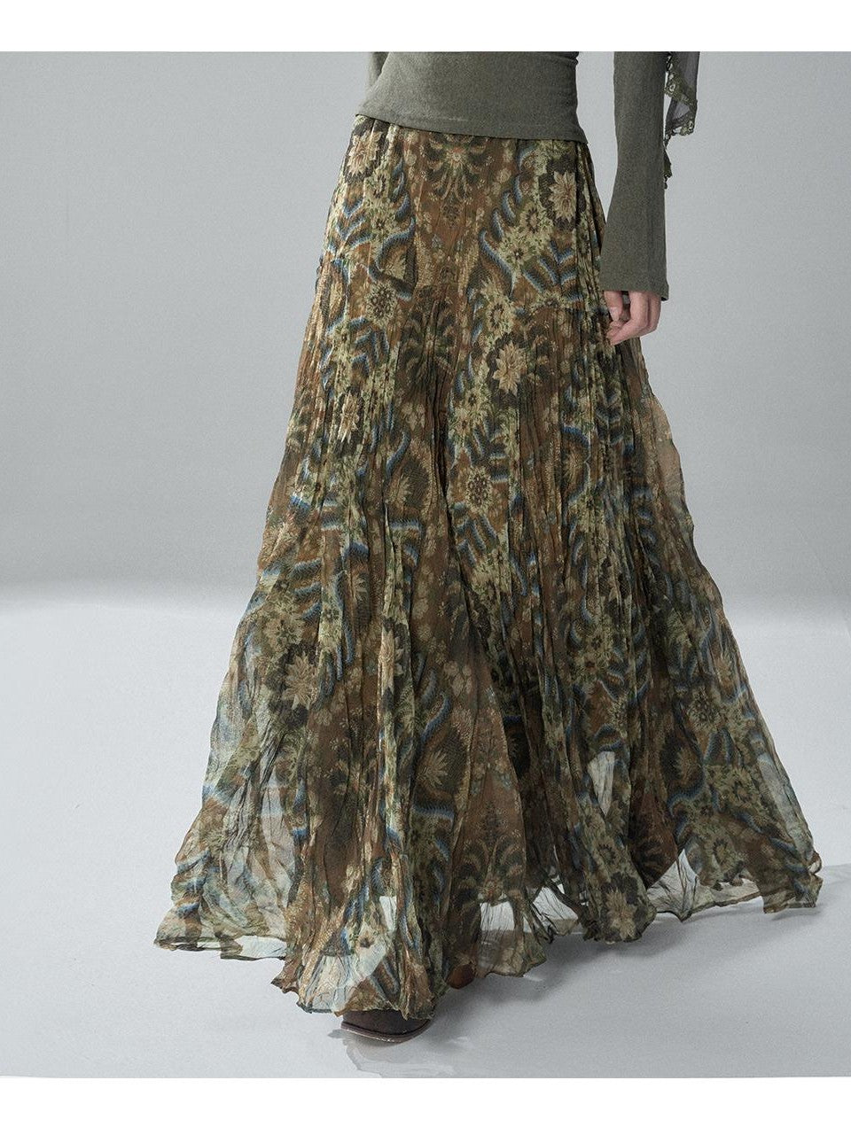 LADYGHOST Green Ruffled High Waist Printed Artistic Women&