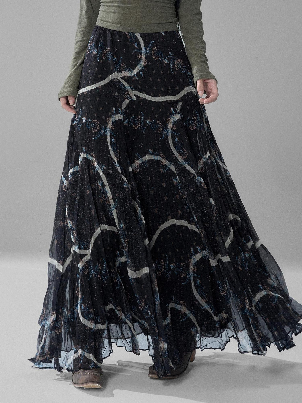 LADYGHOST Green Ruffled High Waist Printed Artistic Women&