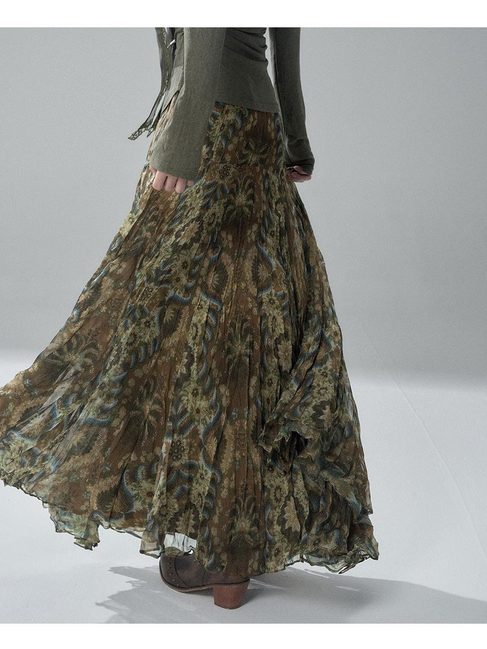 LADYGHOST Green Ruffled High Waist Printed Artistic Women&