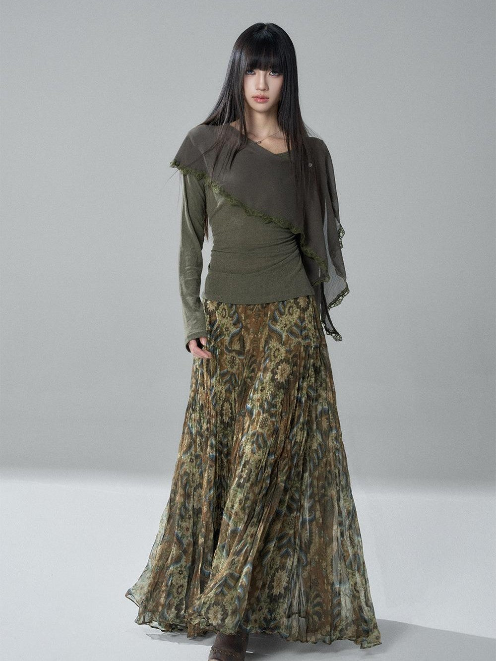 LADYGHOST Green Ruffled High Waist Printed Artistic Women&