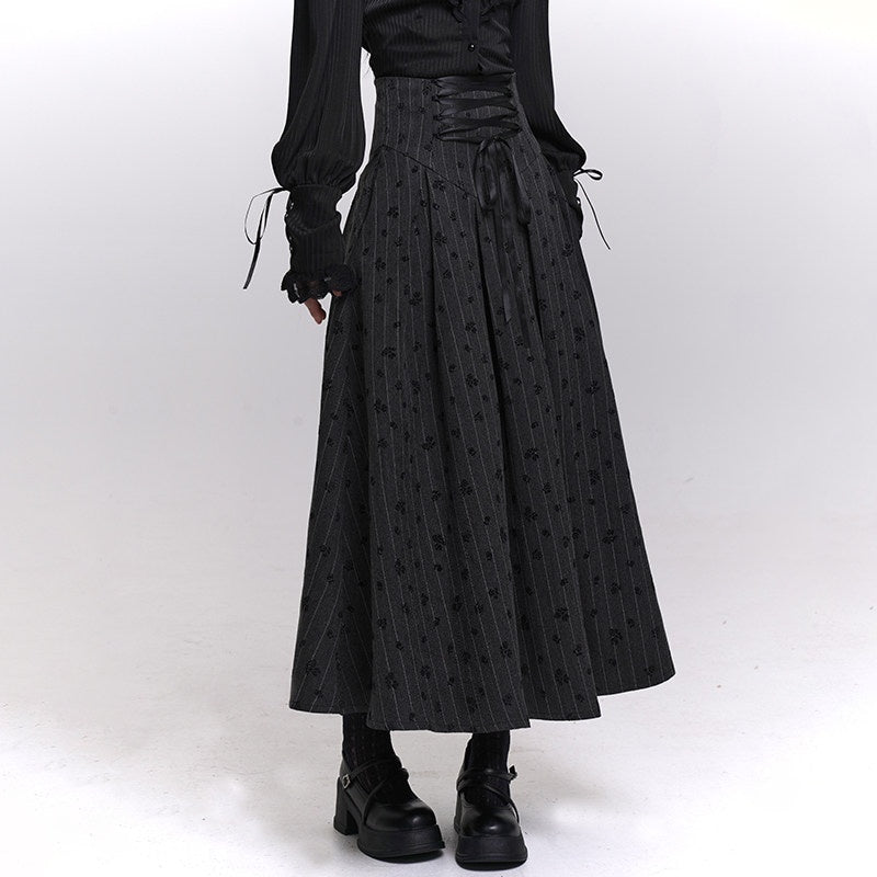 LADYGHOST_Grey_Striped_High_Waist_A_Line_Women&