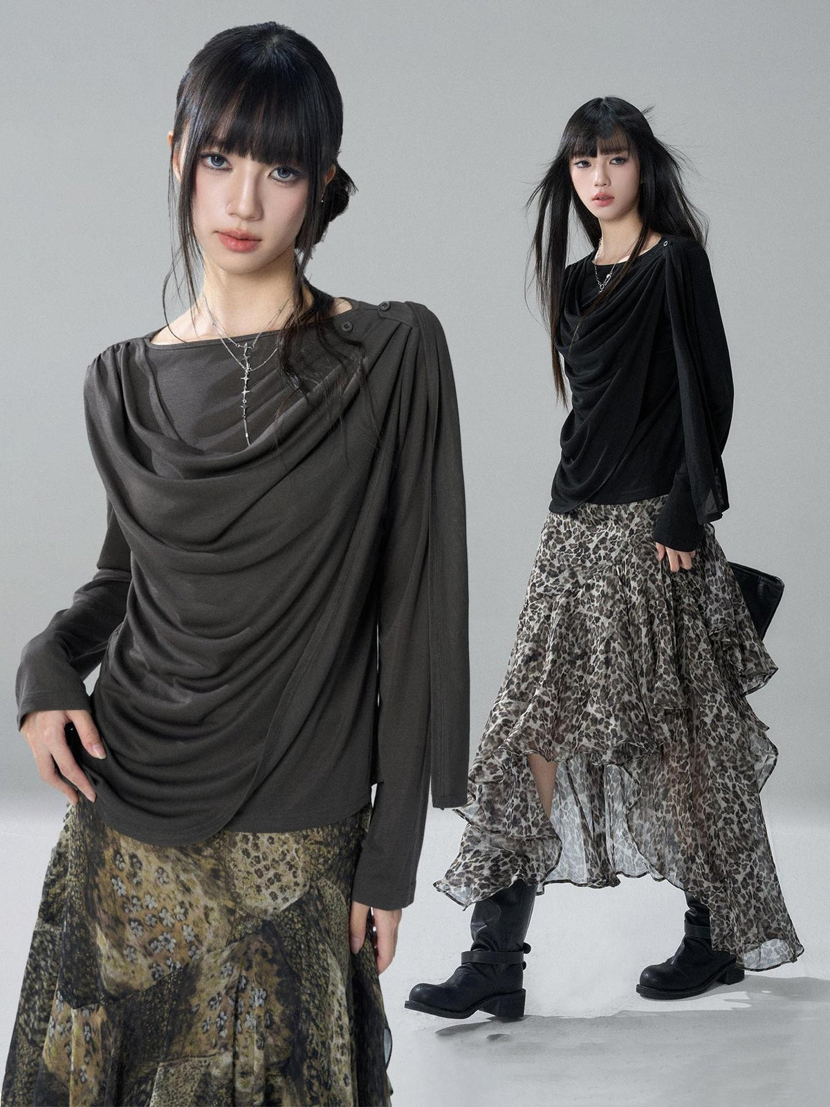LADYGHOST Korean Faux Layered Button Slim Fit Solid Lyocell Women&