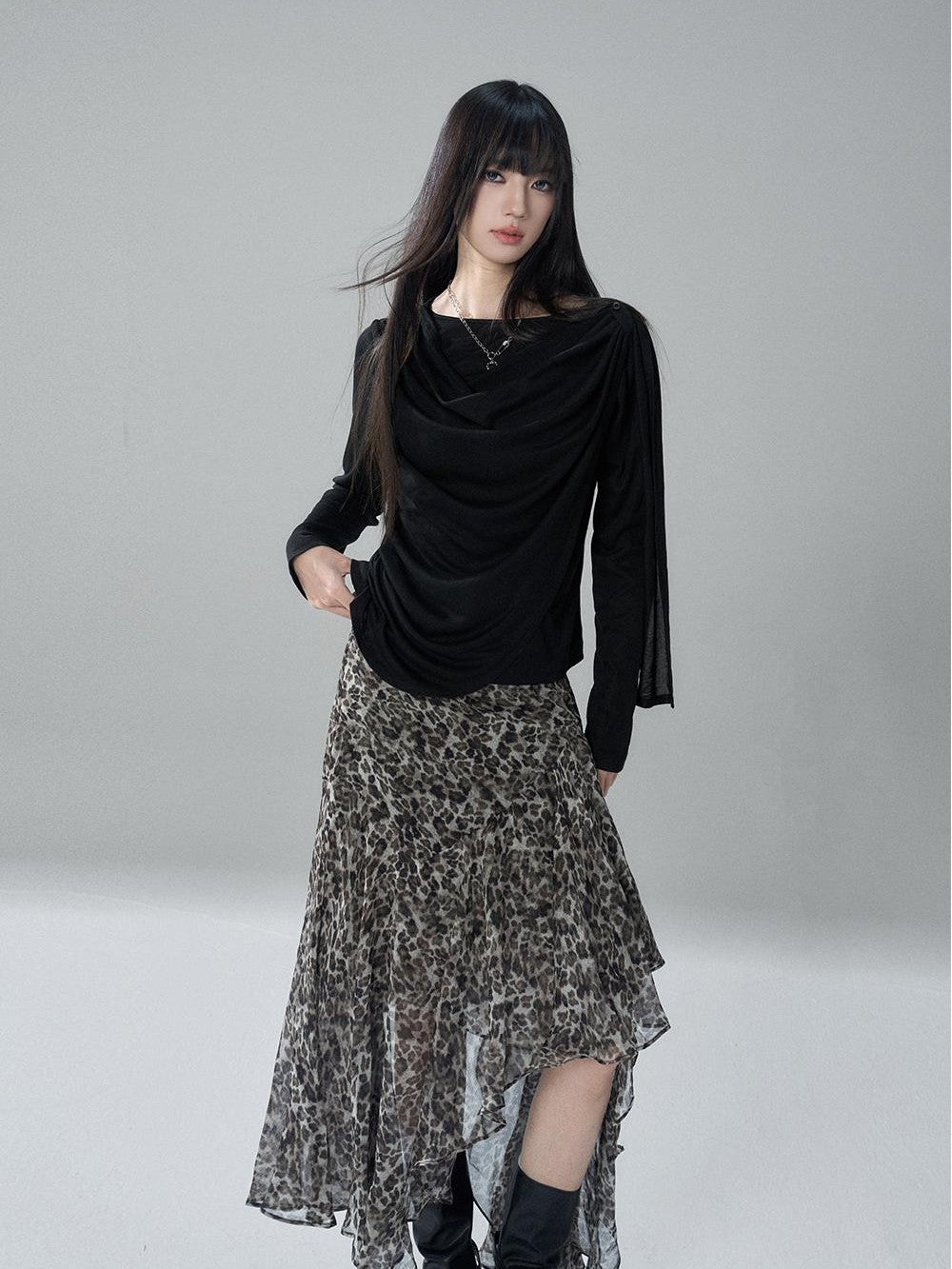LADYGHOST Korean Faux Layered Button Slim Fit Solid Lyocell Women&