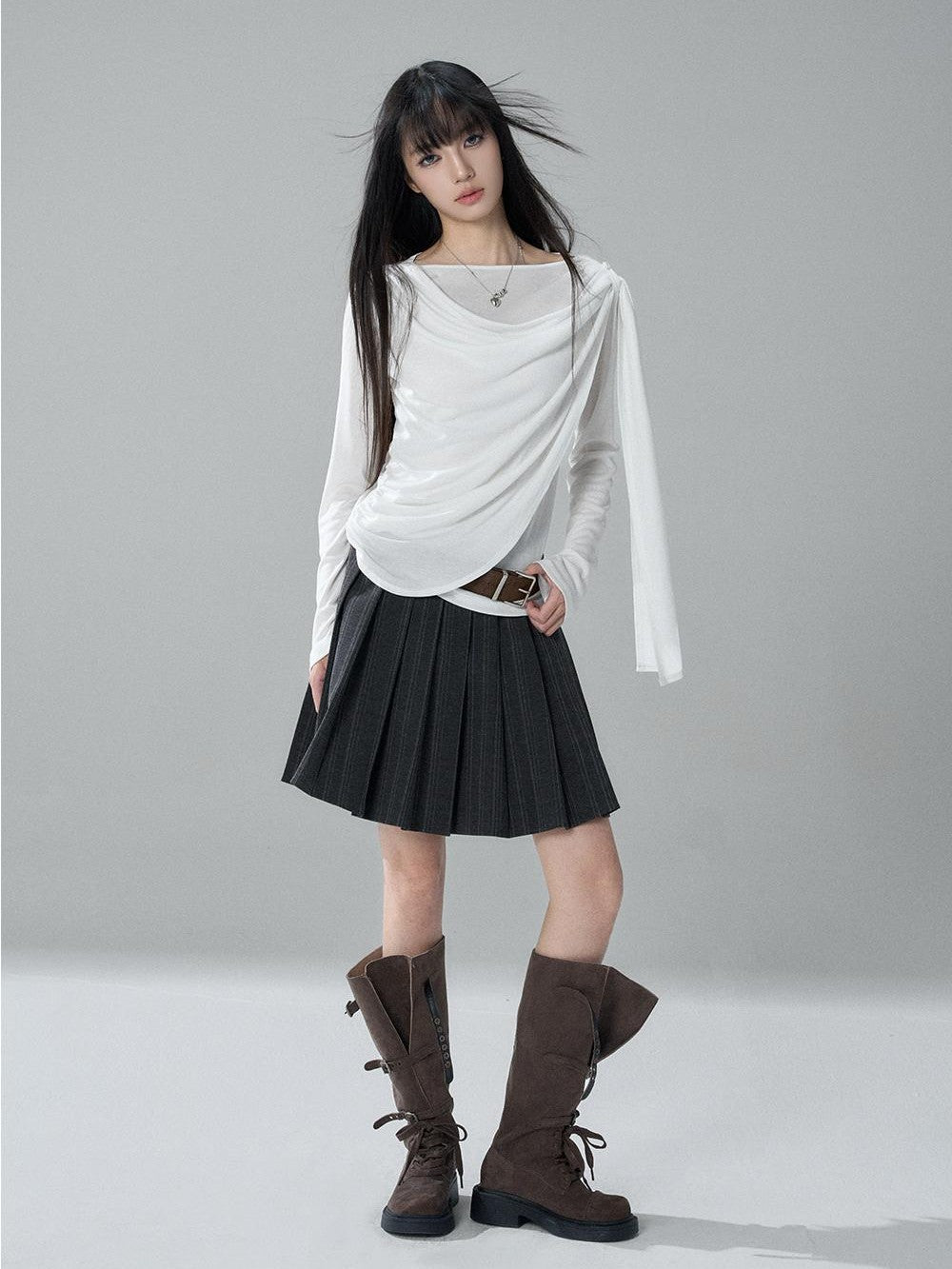 LADYGHOST Korean Faux Layered Button Slim Fit Solid Lyocell Women&