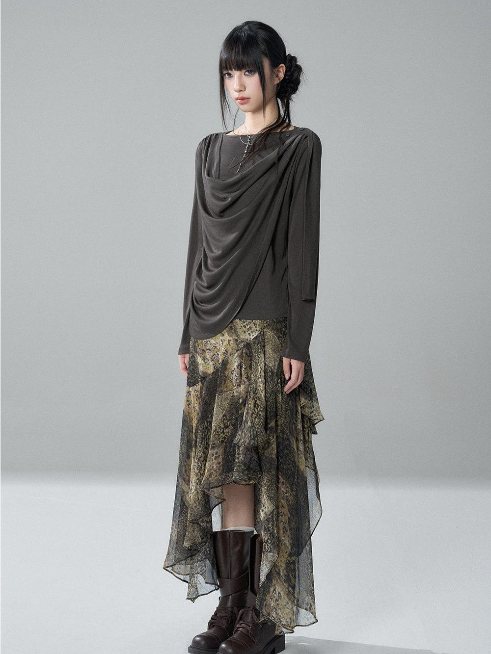 LADYGHOST Korean Faux Layered Button Slim Fit Solid Lyocell Women&
