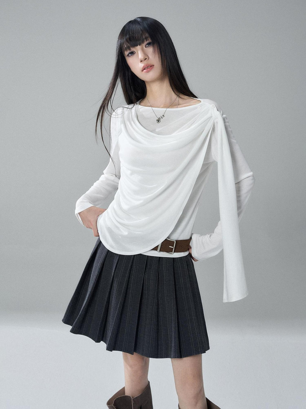 LADYGHOST Korean Faux Layered Button Slim Fit Solid Lyocell Women&