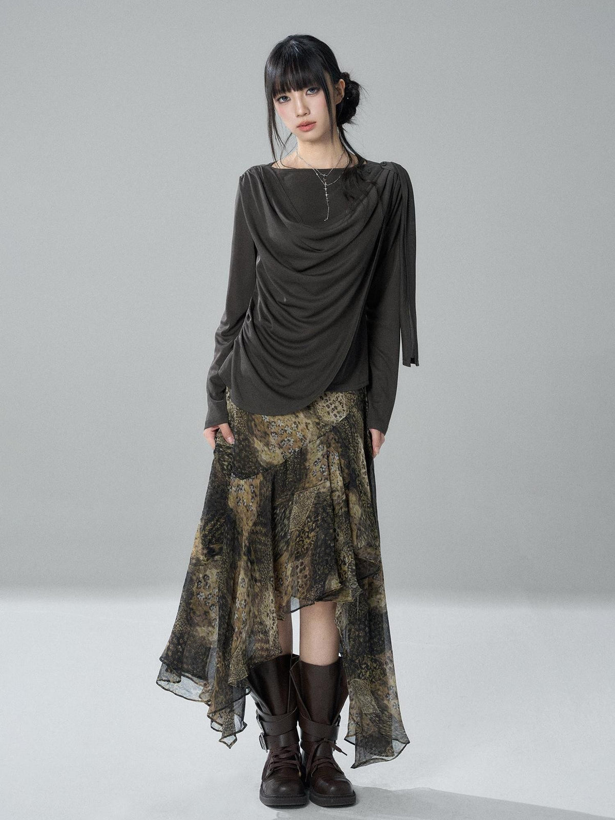 LADYGHOST Korean Faux Layered Button Slim Fit Solid Lyocell Women&