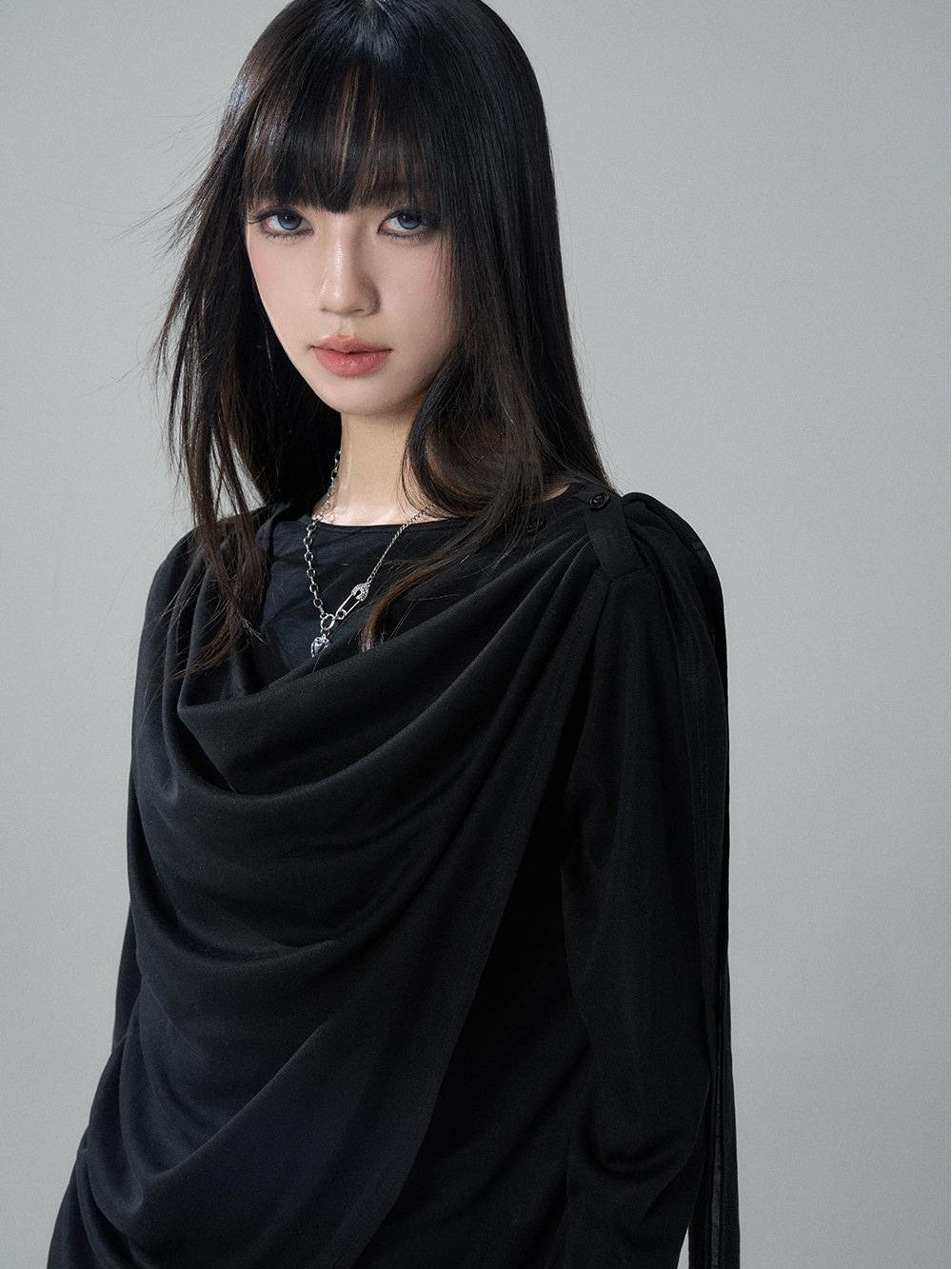 LADYGHOST Korean Faux Layered Button Slim Fit Solid Lyocell Women&