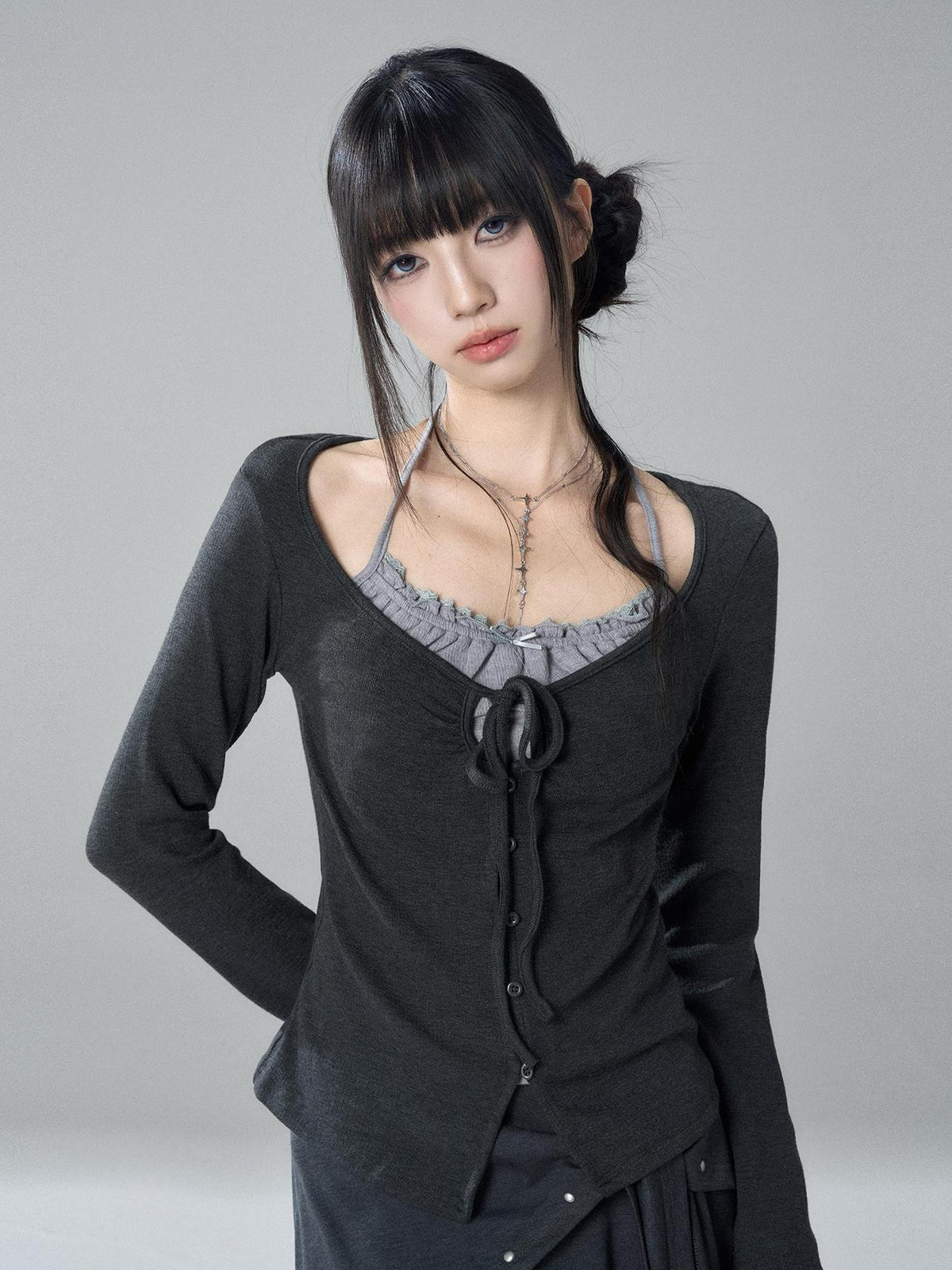 LADYGHOST Korean Style Faux Two Piece Ruched Lace Trim Halter Women&