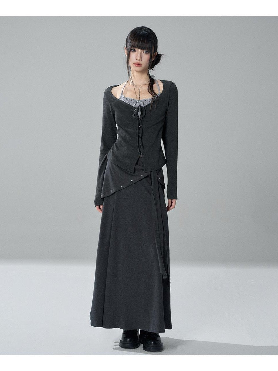 LADYGHOST Korean Style Faux Two Piece Ruched Lace Trim Halter Women&