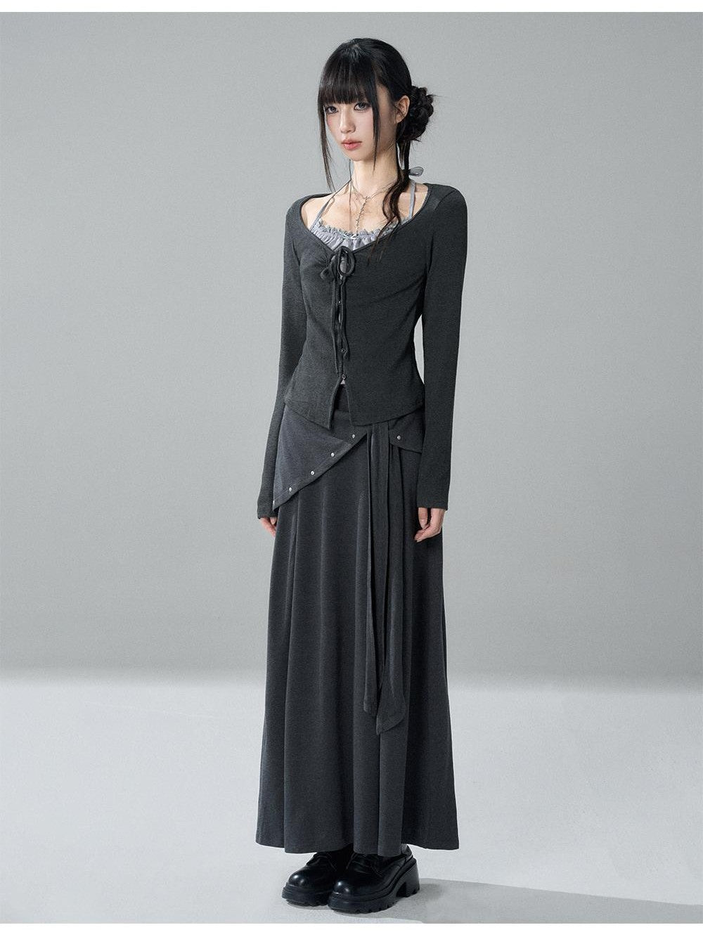 LADYGHOST Korean Style Faux Two Piece Ruched Lace Trim Halter Women&