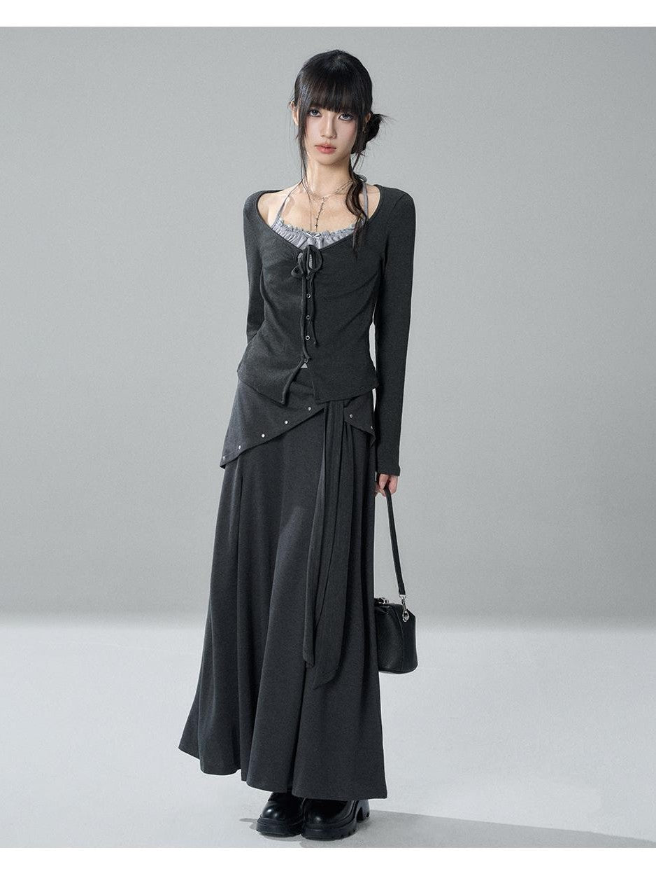 LADYGHOST Korean Style Faux Two Piece Ruched Lace Trim Halter Women&