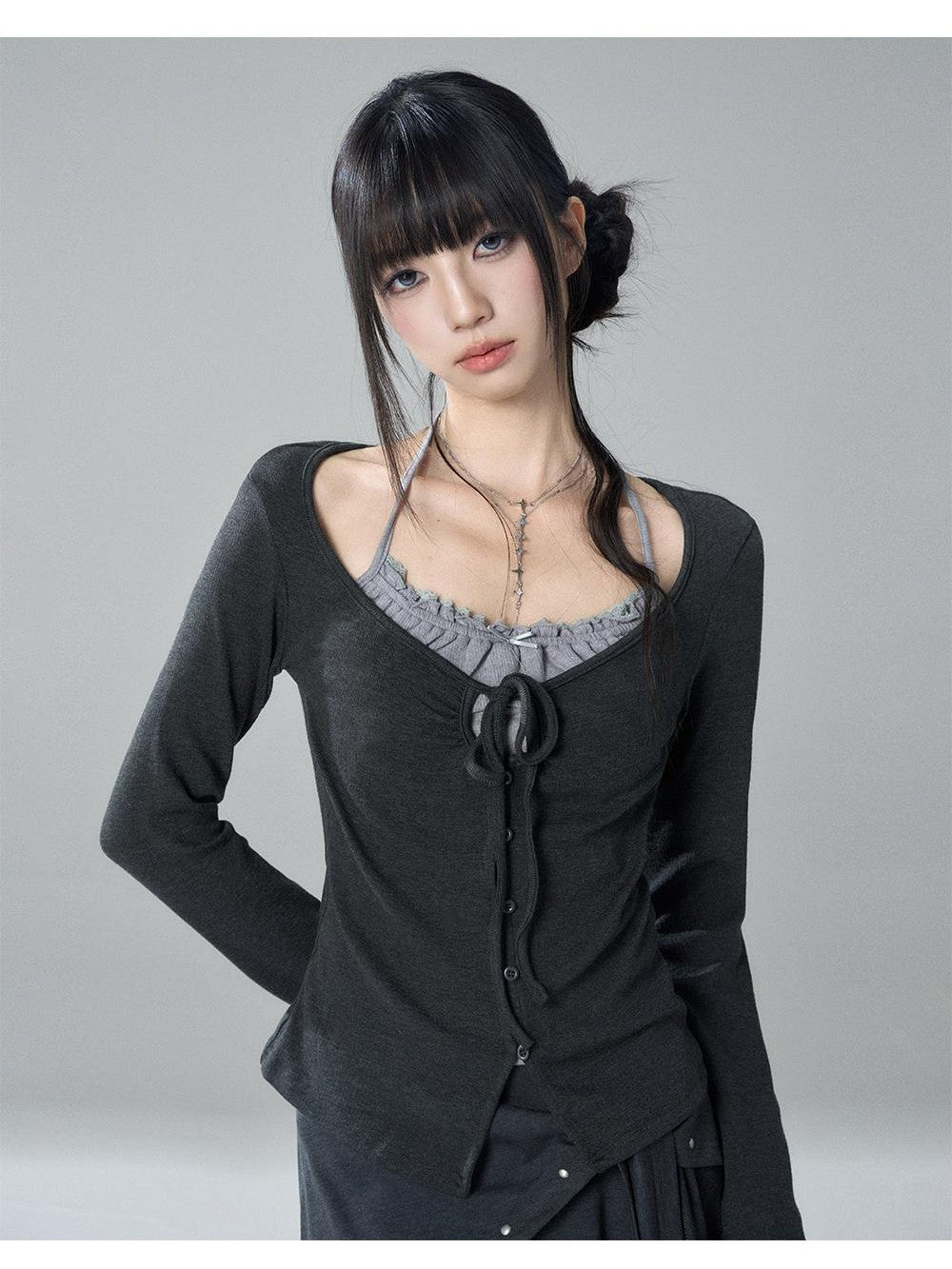 LADYGHOST Korean Style Faux Two Piece Ruched Lace Trim Halter Women&