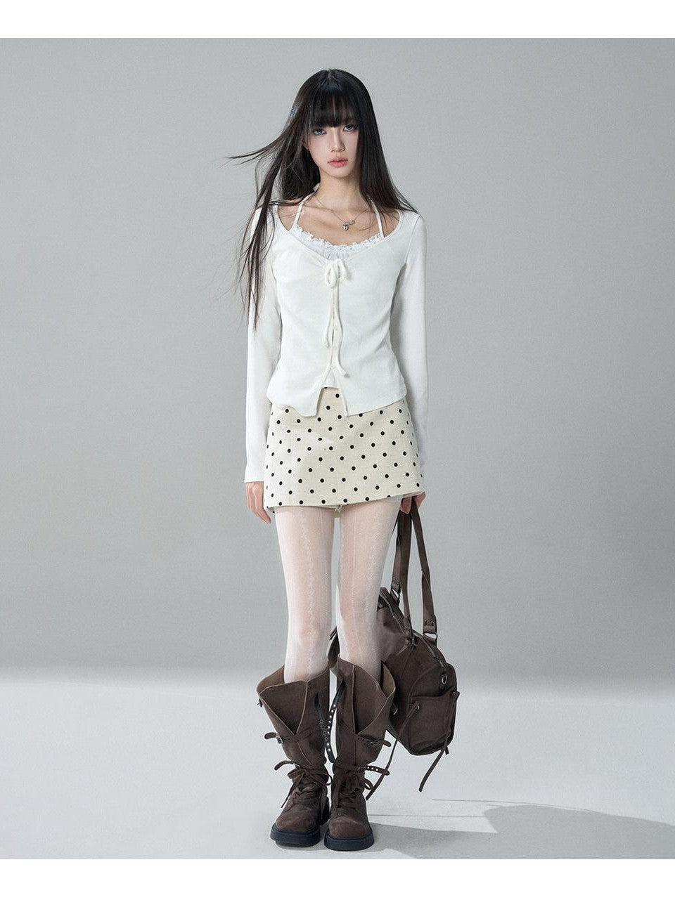 LADYGHOST Korean Style Faux Two Piece Ruched Lace Trim Halter Women&