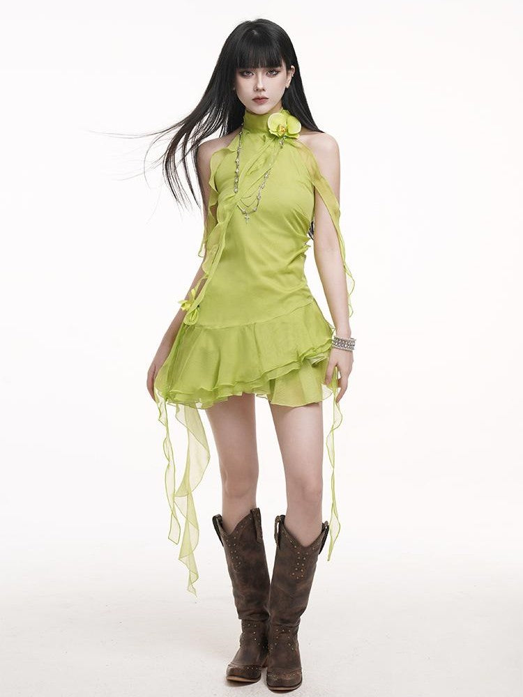 LADYGHOST Lace Ribbon Waist Cinched Green Women&