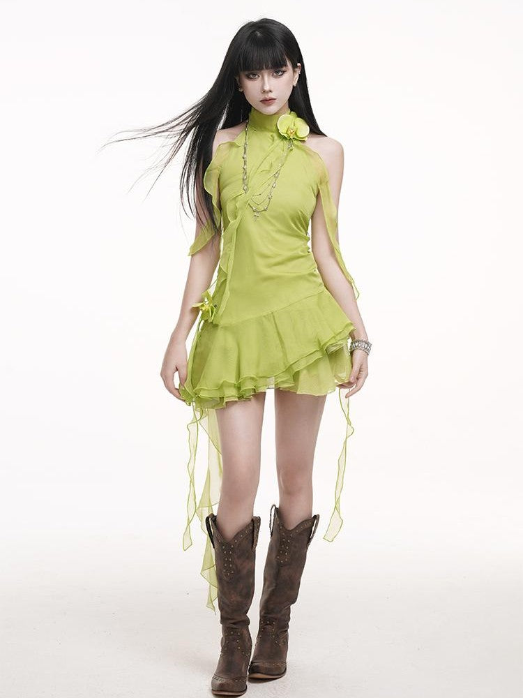 LADYGHOST Lace Ribbon Waist Cinched Green Women&