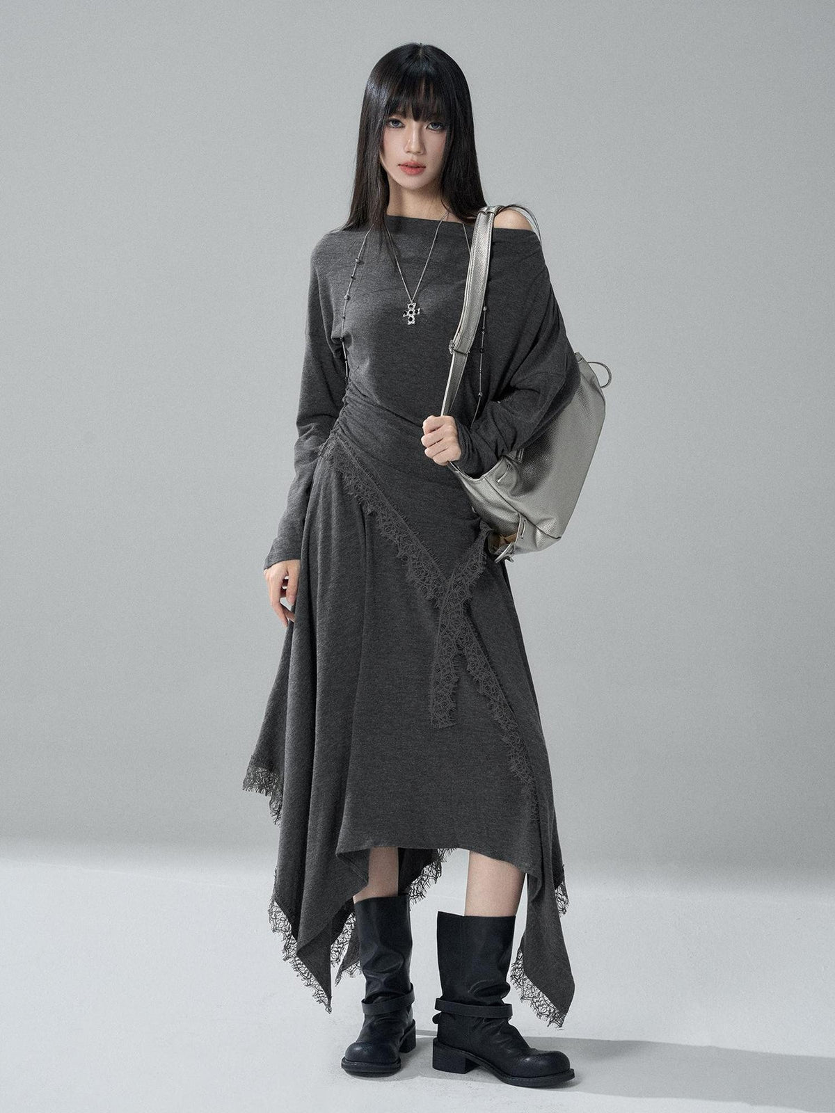 LADYGHOST Lace Trim Batwing Sleeve Color Block Women&