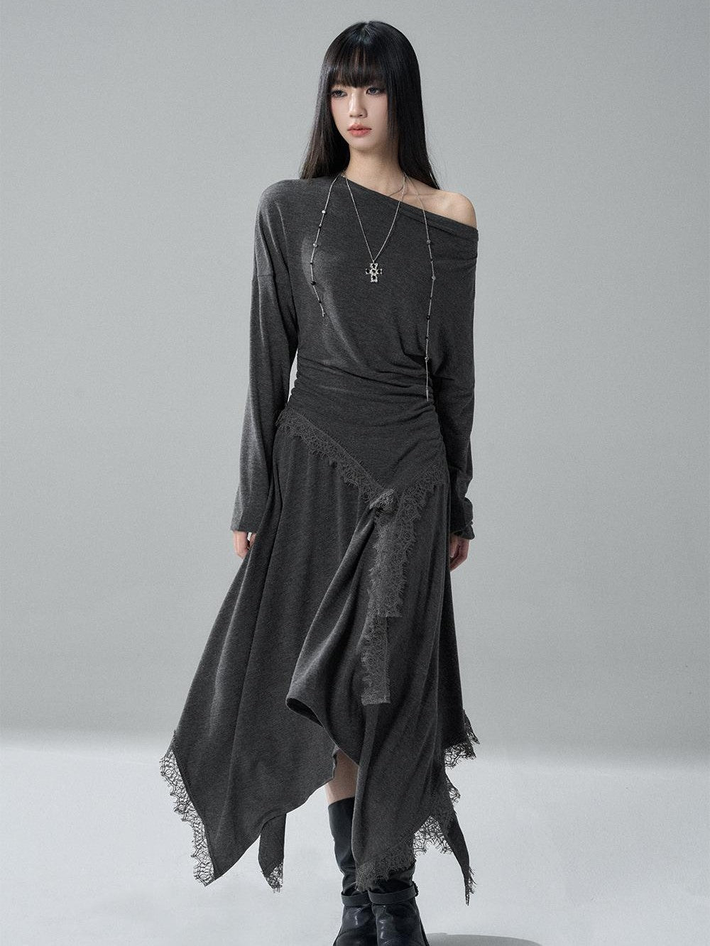 LADYGHOST Lace Trim Batwing Sleeve Color Block Women&