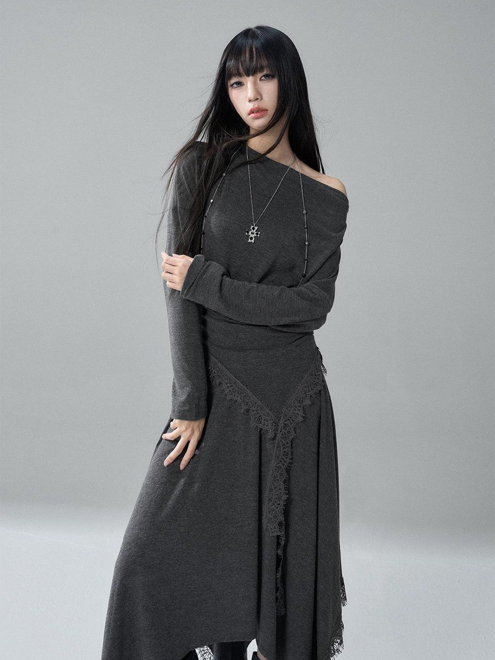 LADYGHOST Lace Trim Batwing Sleeve Color Block Women&