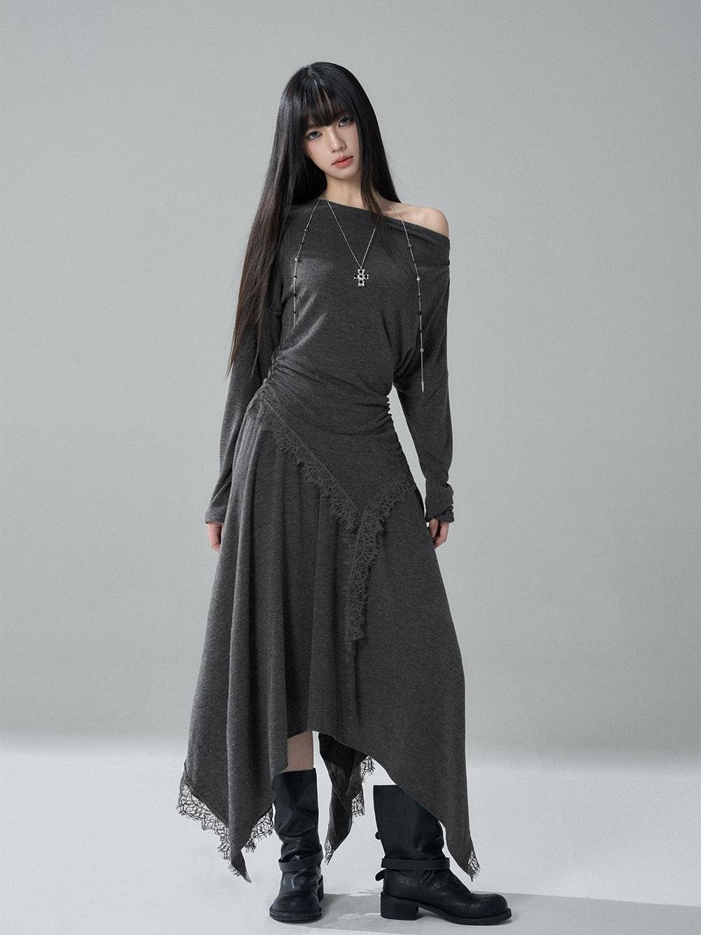 LADYGHOST Lace Trim Batwing Sleeve Color Block Women&