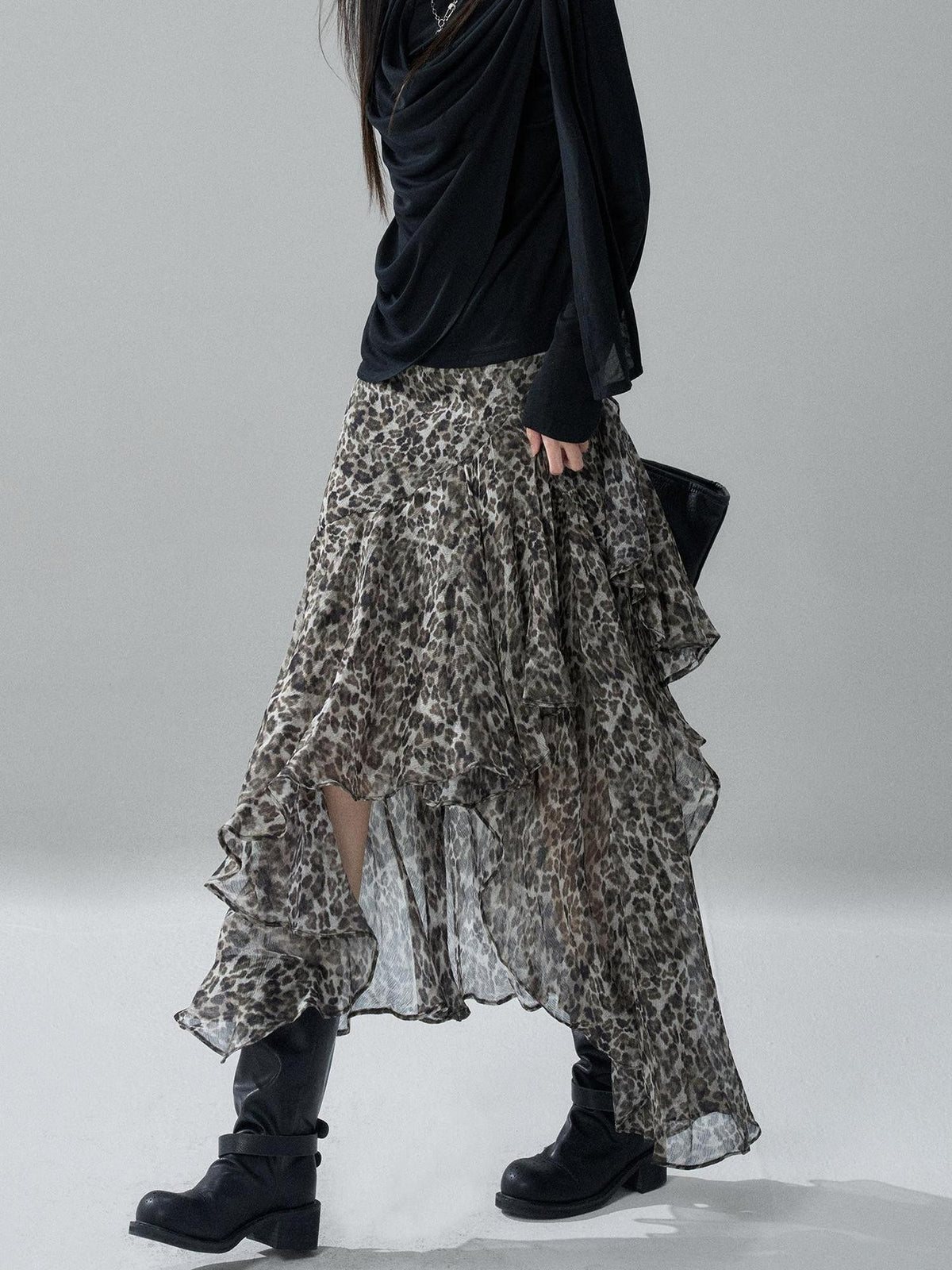 LADYGHOST Leopard Print Asymmetric Ruffle Chiffon Women&
