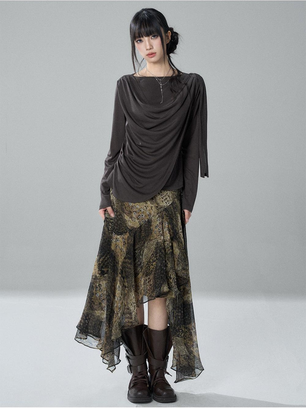 LADYGHOST Leopard Print Asymmetric Ruffle Chiffon Women&