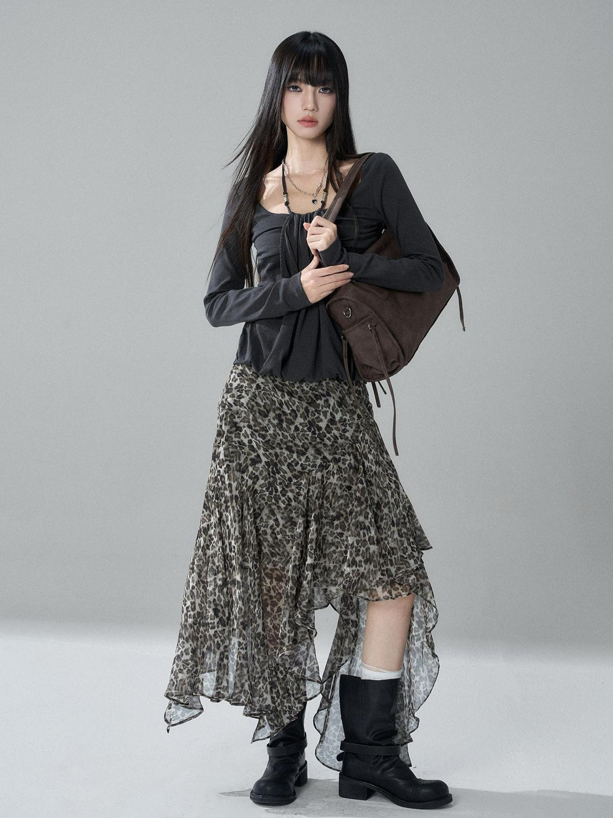 LADYGHOST Leopard Print Asymmetric Ruffle Chiffon Women&