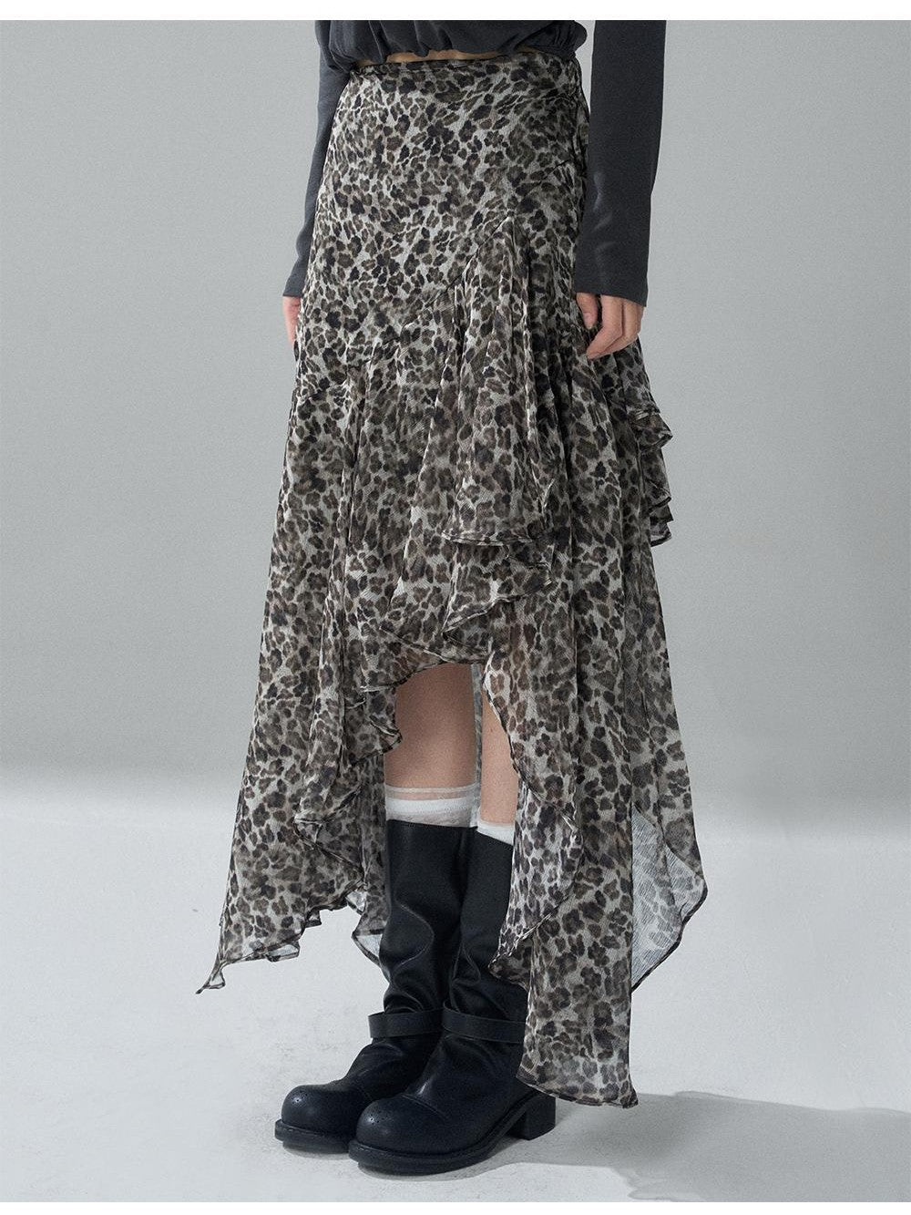 LADYGHOST Leopard Print Asymmetric Ruffle Chiffon Women&